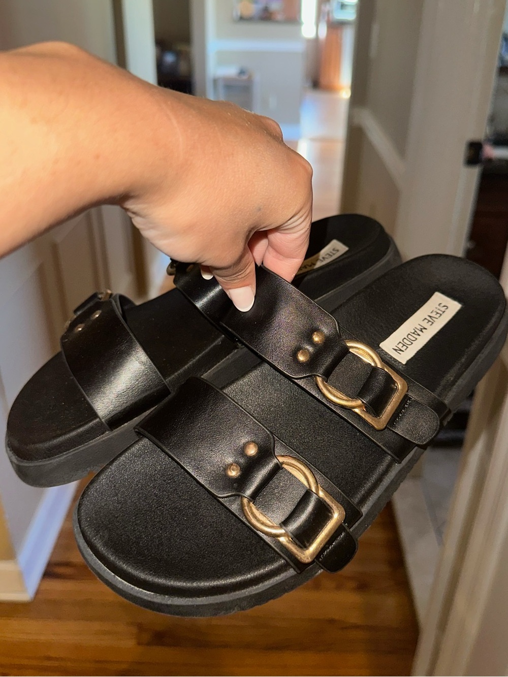 Steve Madden Black Slides with Gold Buckles